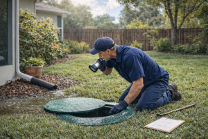 Image: Florida yard after heavy summer rain with drainage routed away from septic drain field area