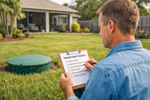 Image: Florida homeowner reviewing a seasonal septic maintenance checklist